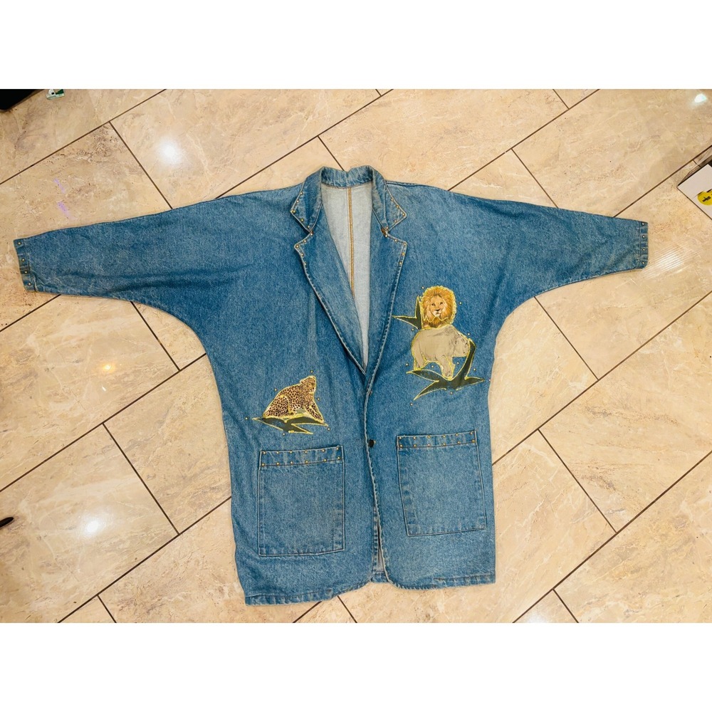 Vintage 80s 90s Hand Painted Safari Denim Duster Jacket Studded Animal Print